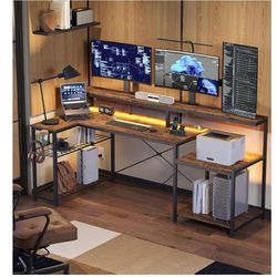 Bestier 71.5 inch Computer Desk with Power Outlets, L Shaped LED Home Office Desk(Built)