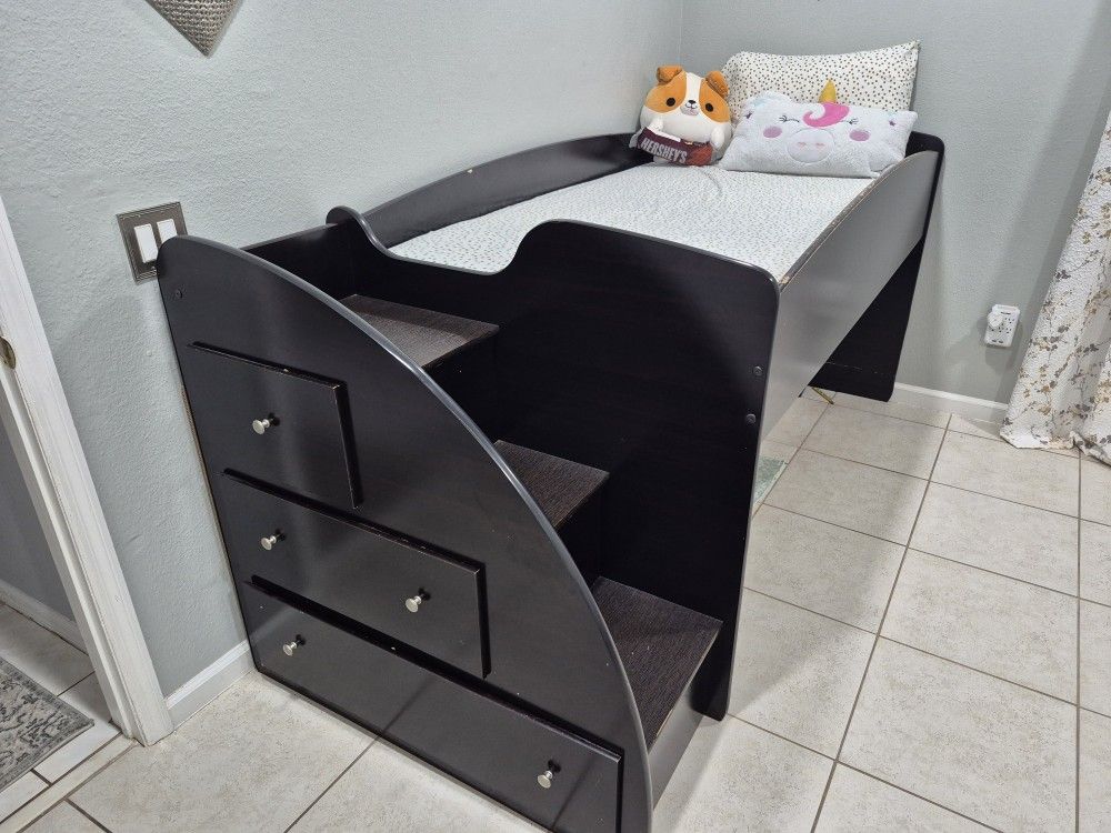 Ashley Wood Twin Bunk Bed With Storage , Stairs And Mattress