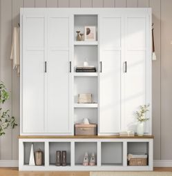 White Entryway Wardrobe Hall Tree | 4 Cabinets | Shelves | Shoe Bench
