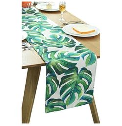 Tropical Monstera Leaf Table Runner Green White Palm Botanical Linen Blend 104in