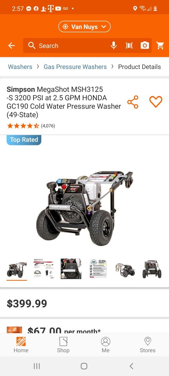 Simpson MegaShot MSH3125 -S 3200 PSI at 2.5 GPM HONDA GC190 Cold Water Pressure Washer $350