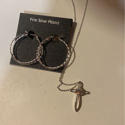 Silver Plated Necklace W Cross And Hoop Earrings 