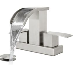 Waterfall 4 Inch Centerset Bathroom Sink Faucet 2 Handle Basin Faucets 2 or 3 Hole Deck Mount with Pop Up Drain Included Lavatory Modern Mixer Tap Van