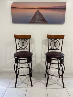 Pair of Swivel Metal Bar Stools w/ Wood Backrest