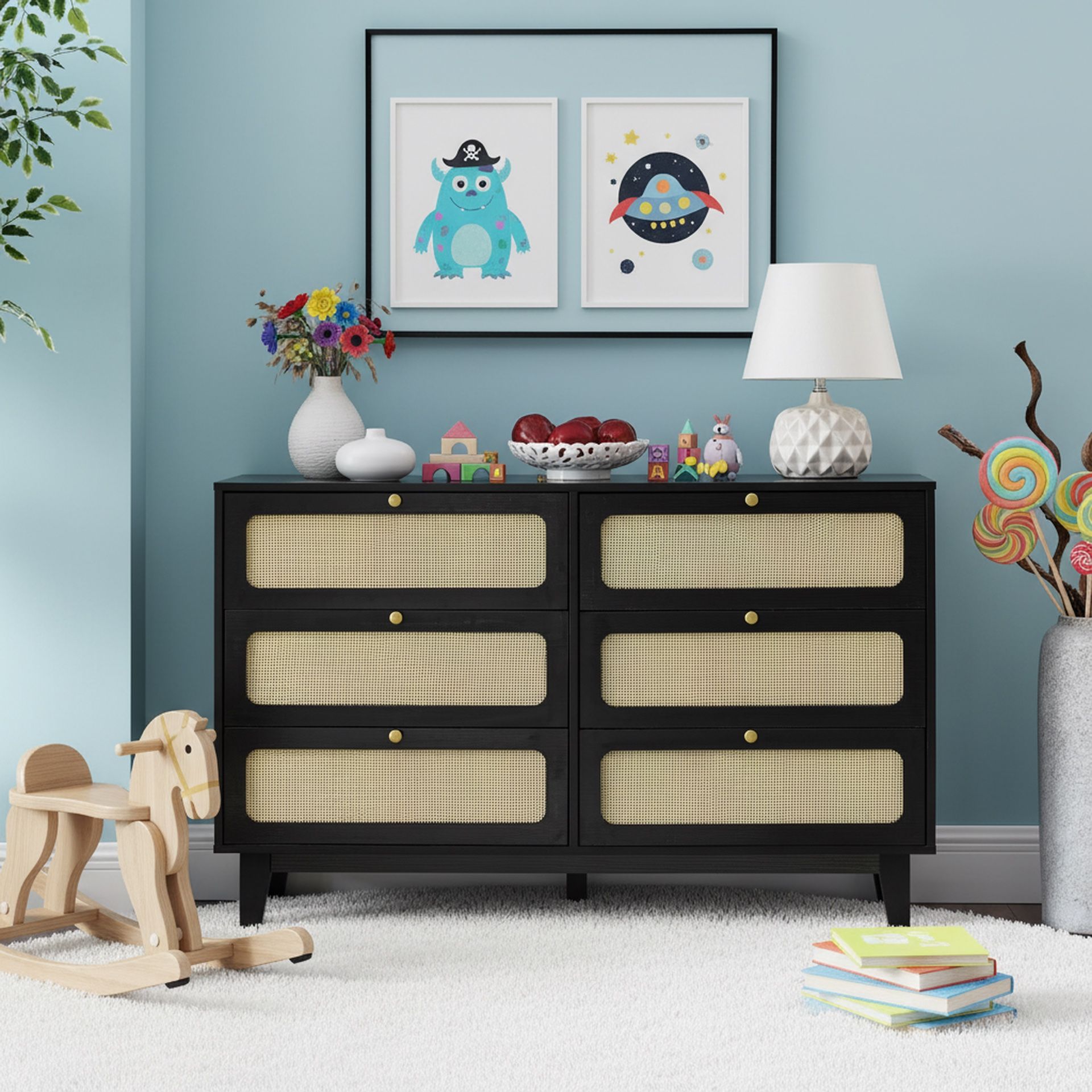 Homy Casa Free Shipping Antique-Style Black 6-Drawer Dresser – Solid Wood Storage Cabinet for Kid Room, Bedroom or Living Room