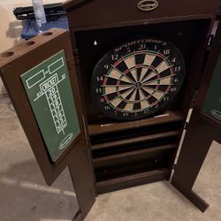 Sportcraft 52" wood dartboard cabinet with cue ball and cue holders