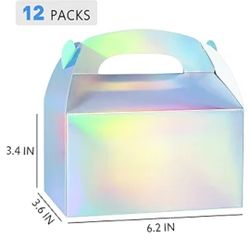 12  Party Treat Boxes, Iridescent Metallic Foil Gift Boxes- for Party Favors, Small Coodie Candy Boxes for Wedding, Birthday, Iridescent White, 
