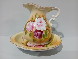 Vintage Hand Painted Porcelain 6" Pitcher & Bowl.  Yellow with Pink Roses. Norcrest Japan