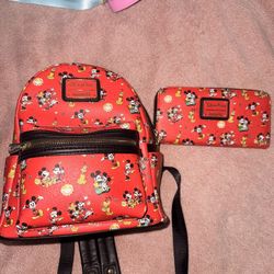Mickey Mouse & Minnie Mouse Red Runaway Railway Loungefly Backpack & Wallet 