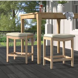 Barton Set of 2 Bar Stools Beige 24" Saddle Backless Premium Padded Indoor/Outdoor Nailhead Cushion Kitchen Counter Chairs Pub Seat Foot Rest   18 $70