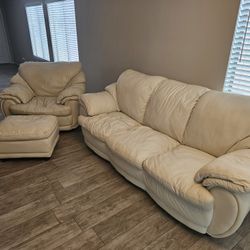 Pale Yellow Leather Couch, Chair And Ottaman