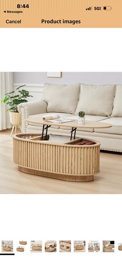 Oval Coffee Table, 43.3'' Fluted Lift Top Coffee Table with Hidden Storage Compartment, Mid Century Modern Dining Table Wooden Center Table for Living