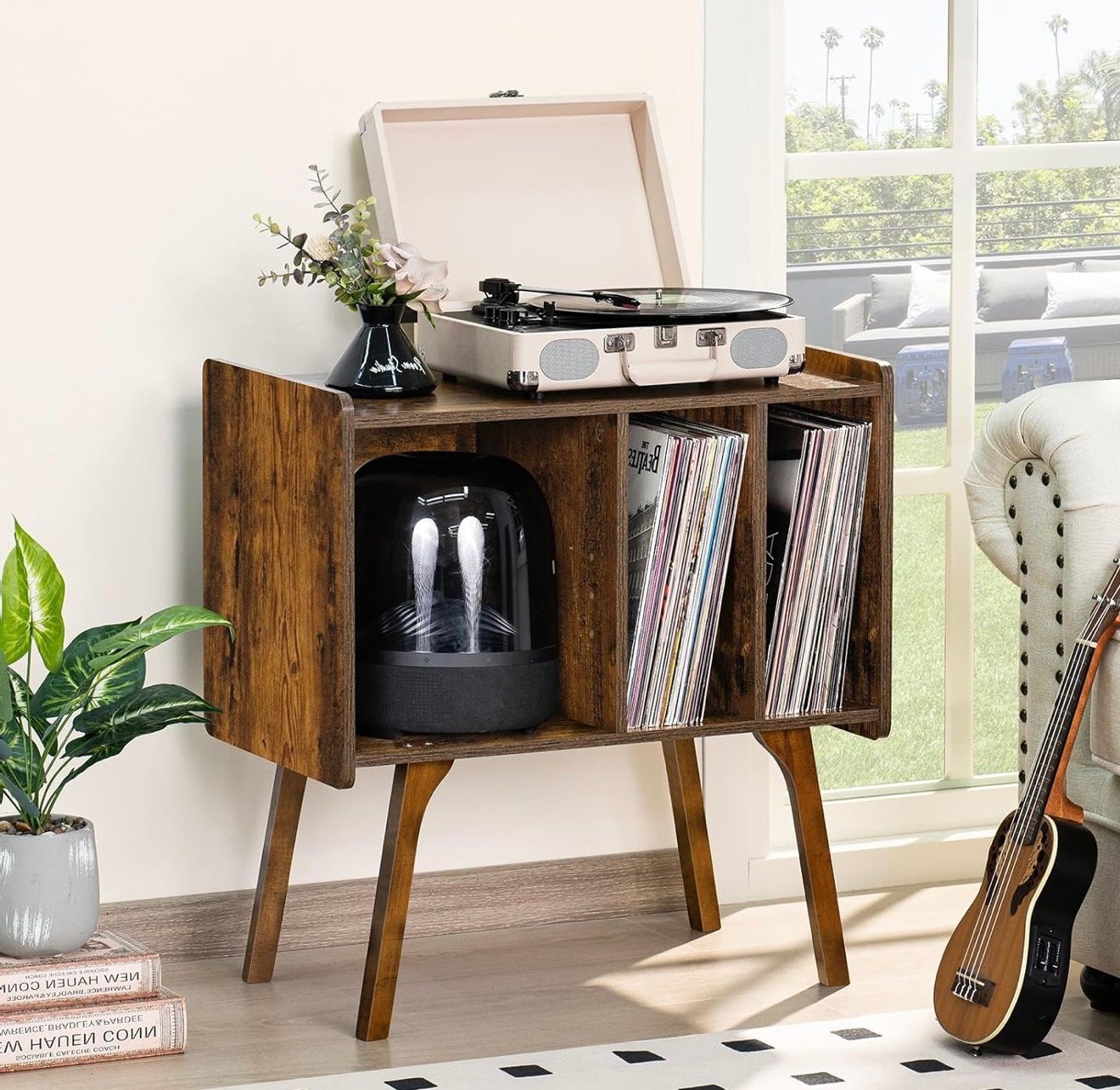 Brown Mid-Century Record Player Table, Vinyl Holder Storage Shelf for Bedroom Living Room