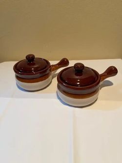 2 Vintage Brown & Tan Stoneware Soup Bowls With Handles & Lids