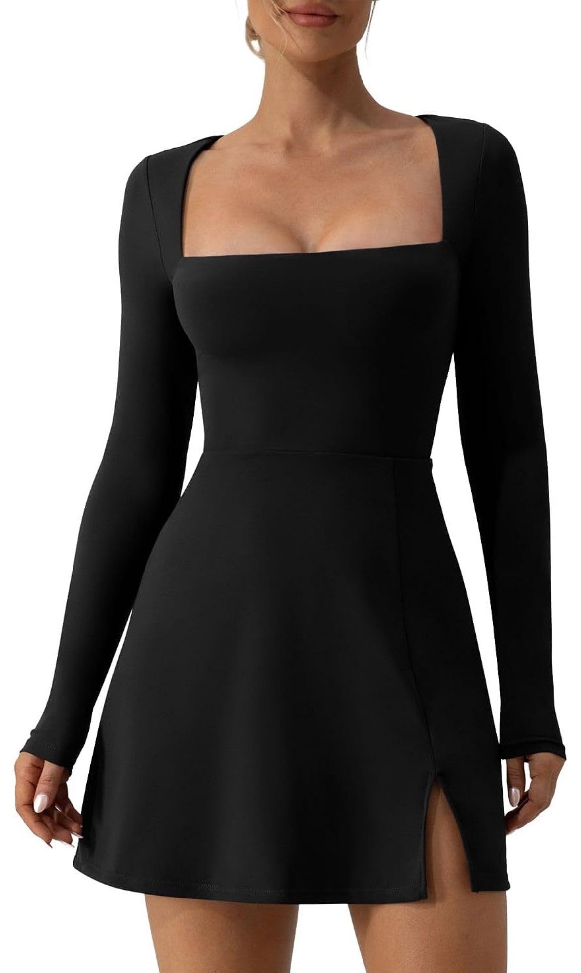 black long sleeve, side slit mini dress