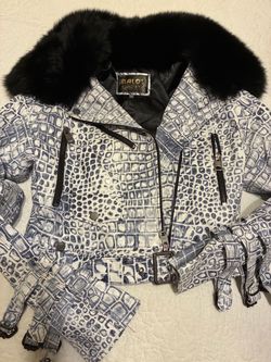 $375-obo-Balos Leather & Mink Croc-Print Moto Jacket