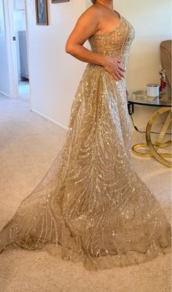 Gold Beaded One-Shoulder Formal Gown
