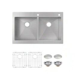 Glacier Bay Professional Zero Radius 33 in. Drop-In 50/50 Double Bowl 16 Gauge Stainless Steel Kitchen Sink with Accessories