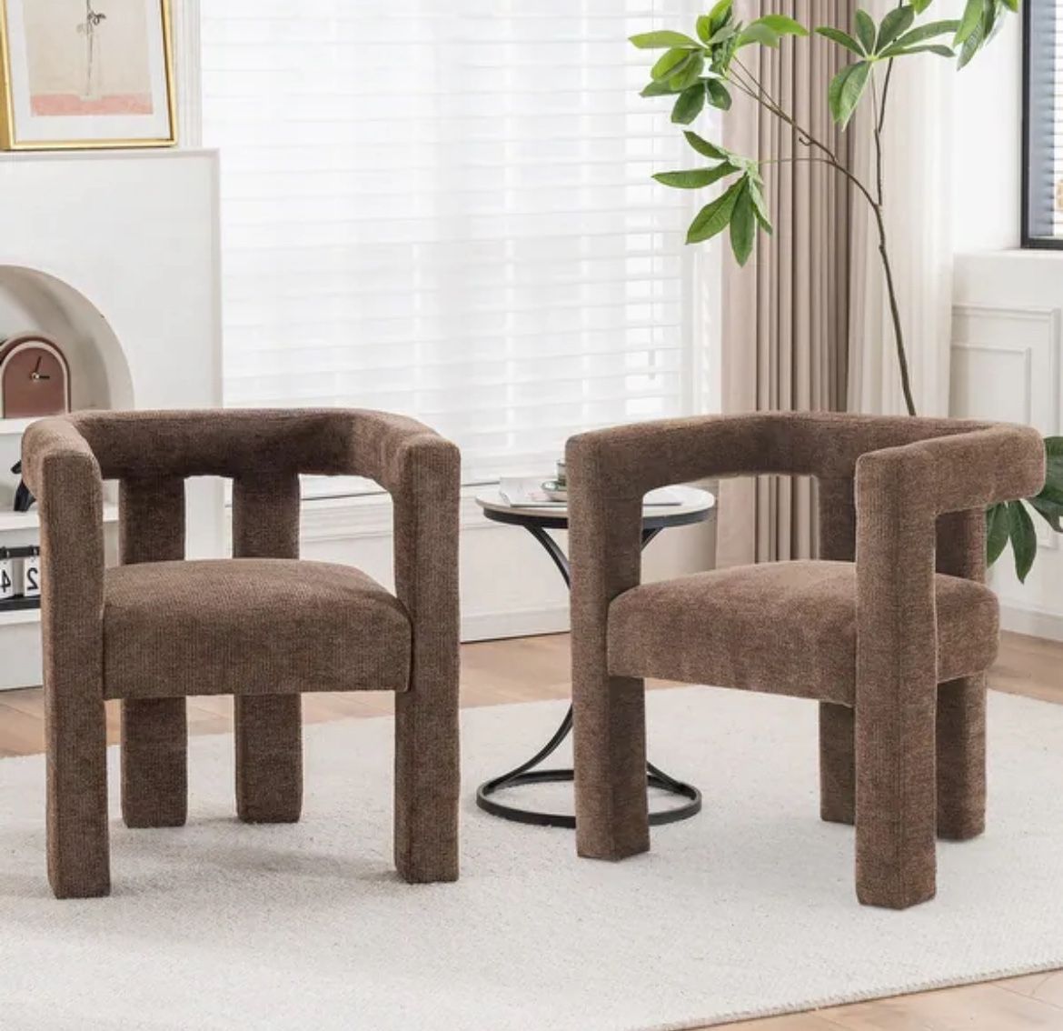 Set of 2 chicly designed barrel-shaped fabric-upholstered accent armchair. - Brown