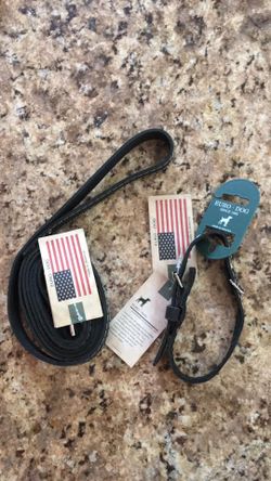Black Leather Dog Leash and Collar Set - Euro Dog - Made in America - 6 Foot Leash 12-15 Inch Collar