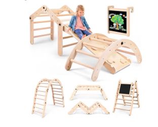 7-in-1 Deformable Pikler Triangle Set with Sliding Ramp & Climbing Arch Ramp, Wooden Toddler Climbing Toys Indoor, Playground Jungle Gym for Kids, Mon
