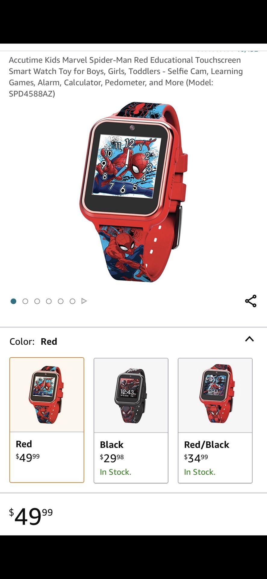 Marvel Spider-Man (Red) Educational Touchscreen Smart Watch Toy for Boys/Girls/Toddlers -Selfie Cam/Learning Games/Alarm/Calculator/Pedometer & More