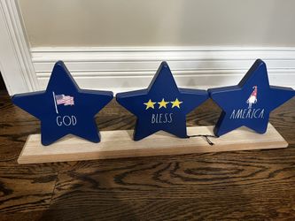 Rae Dunn Patriotic Blue Metal Stars Wood Base God Bless America 