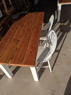 Kitchen table 6 ft long with two white chairs