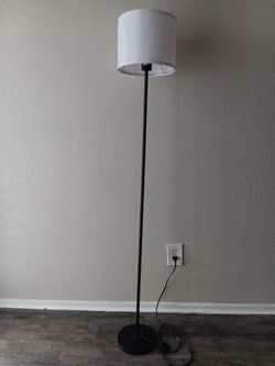 Black Floor Lamp with White Drum Shade Button on Floor On/Off switch