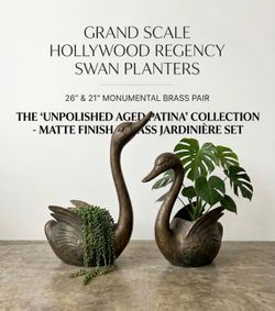 MID-CENTURY HOLLYWOOD REGENCY GIANT BRASS SWAN PLANTERS | RARE MATTE PATINA PAIR