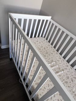 Crib / Toddler Bed Frame (White) + 6" Mattress + 2 Covers (Great Condition)