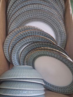 Pier, one import dish set ALLISON Stoneware Blue Speckled Embossed Dots plates bowl
