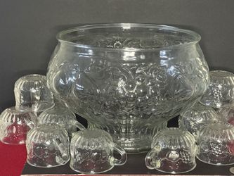 Thirteen-Piece Ornate Glass Punchbowl
