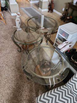 Beautiful Beveled Round Thick Glass Coffee Table+2 End Tables