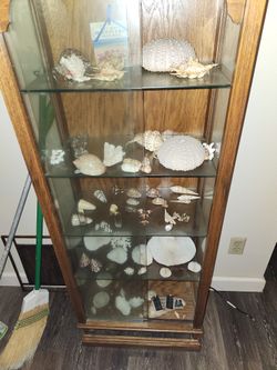 Beautiful glass case sea shells included.  plus other sea decor 