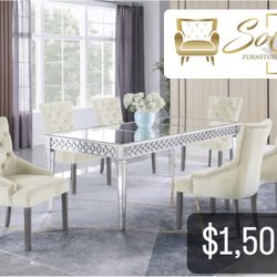 Silver Mirrored Dining Table 7 Pc