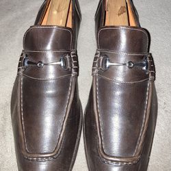 Santoni Brown Leather Horsebit Loafers 