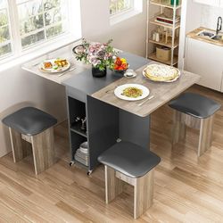 Folding Dining Table Set for 4, Dinner Table with 4 Leather Chairs and Shelves, Space Saving Foldable Dining Table with 6 Wheels, Kitchen Table Set fo