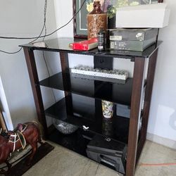 Tv Stand 4 Tier Black Glass Wood Legs 
