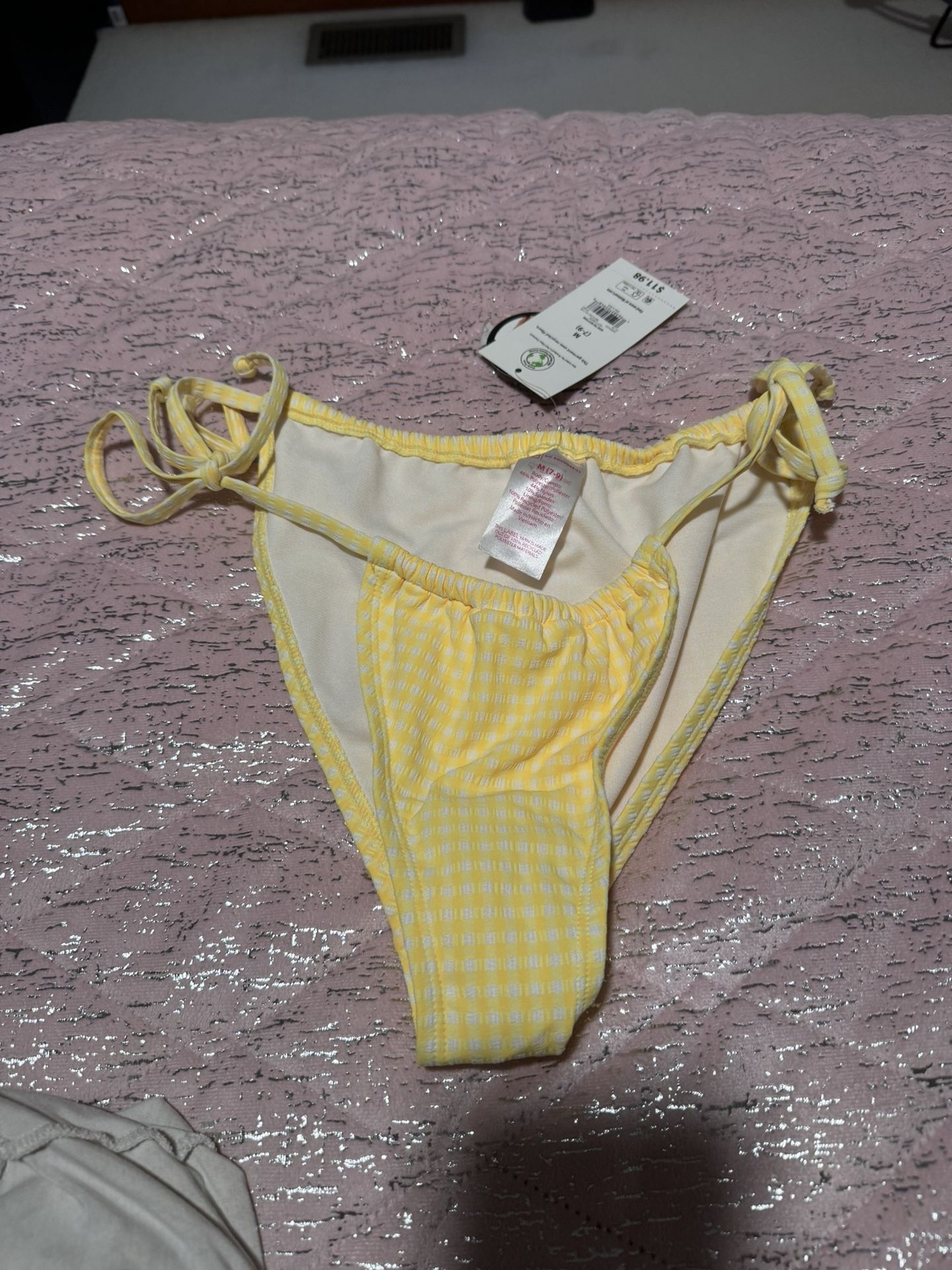 Nwt Womens Medium Yellow White Checkered Side Tie Swimsuit Bikini Bottoms Hot Lemon