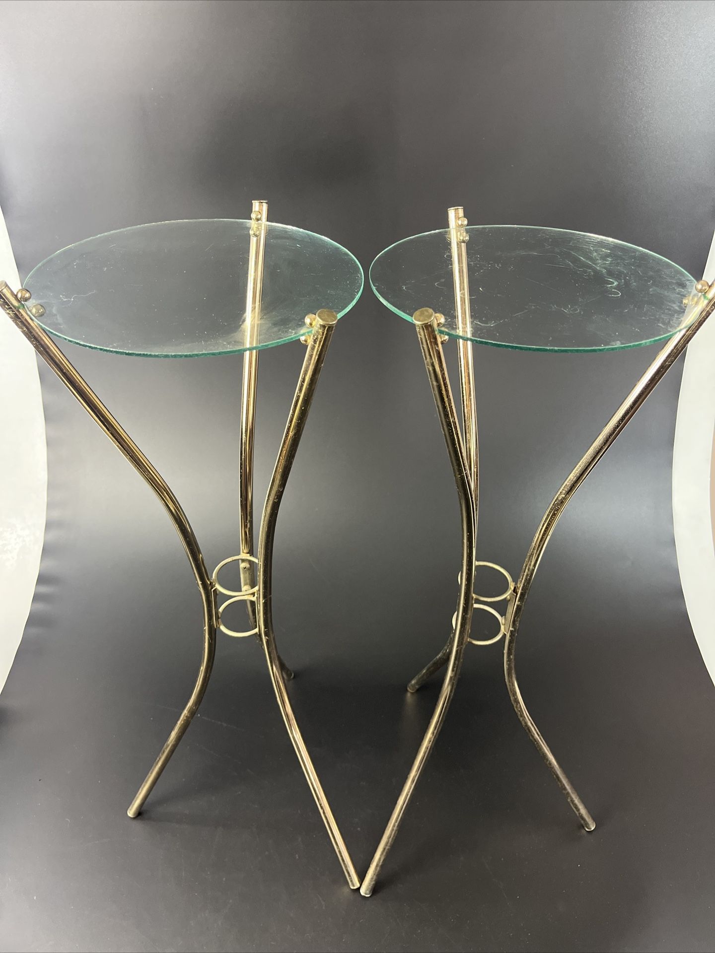 Vintage Brass & Glass Plant Stands/Side End Table Set MCM Hollywood Regency Decor 26” Tall & about 9” Wide. Boho Chic Minimalist Mid-Century Mode