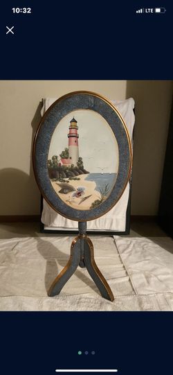 Unique Oval Wood Side Table w/Foldable Top Lighthouse