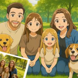 Just give us a family photo and instructions on what else you want included and we'll turn it to a custom Anime Style Portrait in Just 1 Day!