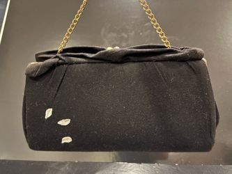 Vintage Black Fabric Clutch with Gold Tone Chain Clean Inside 10” wide x 5.5” high