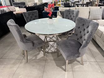 Round Glass Dining Table with 4 Velvet Chairs