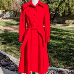 Vintage Petite Sz4 Winter Tokyo Red Retro 1970s Wool Trench Dress Long Coat EUC