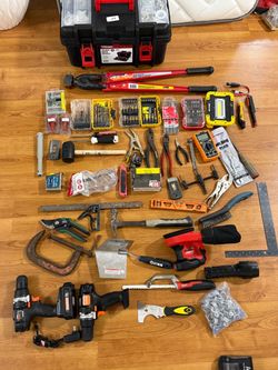Large Tool Lot with Toolbox – Power Drills, Bolt Cutter, Hand Tools & More