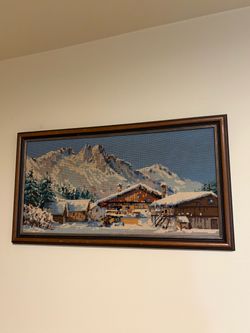 Large, vintage, handmade needlepoint of winter landscape