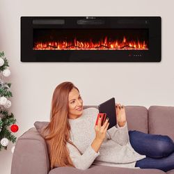 50" Electric Fireplace, Cool to The Touch Fireplace Heater, Recessed and Wall Mounted Fireplaces with Timer Remote Control Adjustable Flame Color, Bla