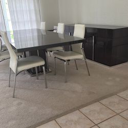 Riviera Buffet 83 W X22 D X 32 H Grey Koto & 77 w ( Expand To To 98.5 )  X 42.5 D X 28 H With 6 White Leather Dining Chairs & Dining Table 